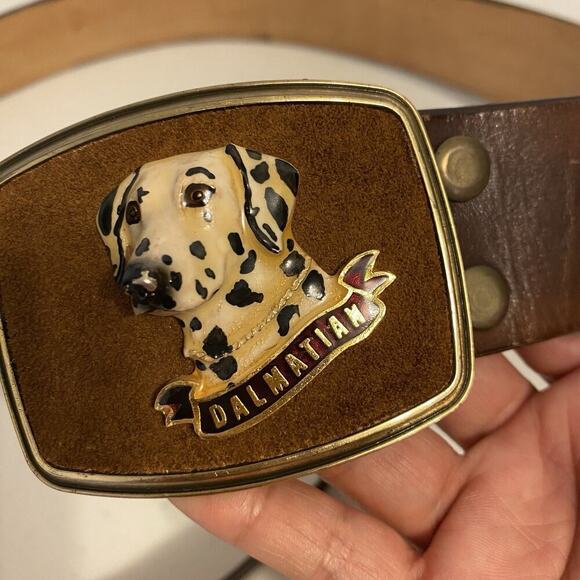 Vtg Leather Belt W/ 1979 Raintree Dalmatian Buckle Hand Tooled Made USA 46” Long main image 3